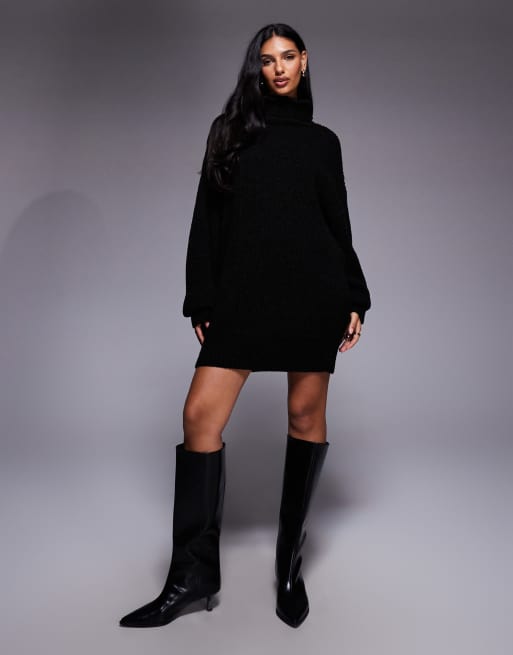 Vestido negro estilo jersey holgado con cuello vuelto de canalé exclusivo de Kaiia, 2 de 4
