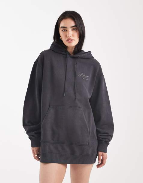 Vestido negro estilo sudadera con capucha con lavado ácido y logo de strass en la espalda Dejandra de HUGO BLUE - view 1