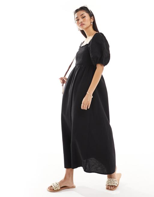 Vestido negro fruncido con detalle de bordado inglés de mezcla de lino de New Look