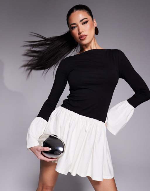 Vestido negro monocromático con cuello barco de mezcla de popelina de ASOS DESIGN, 3 de 4
