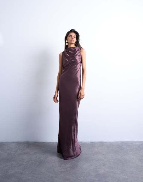 Vestido para eventos especiales largo burdeos intenso de corte al bies con sisas fruncidas de Topshop - view 1