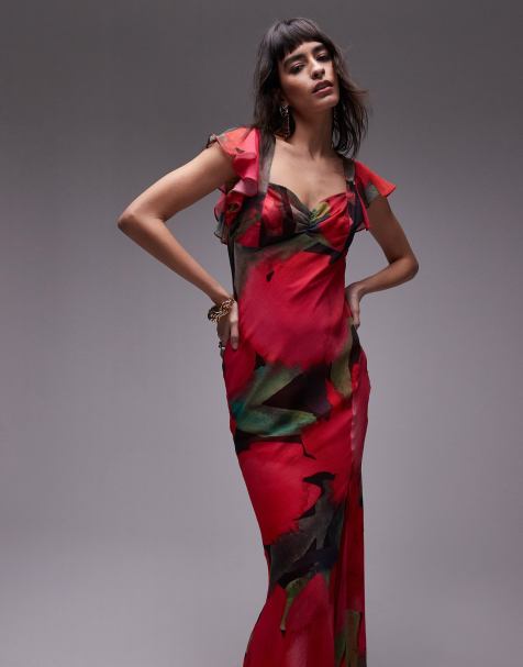Vestido para eventos especiales midi rosa estampado con mangas fluidas de Topshop - view 1