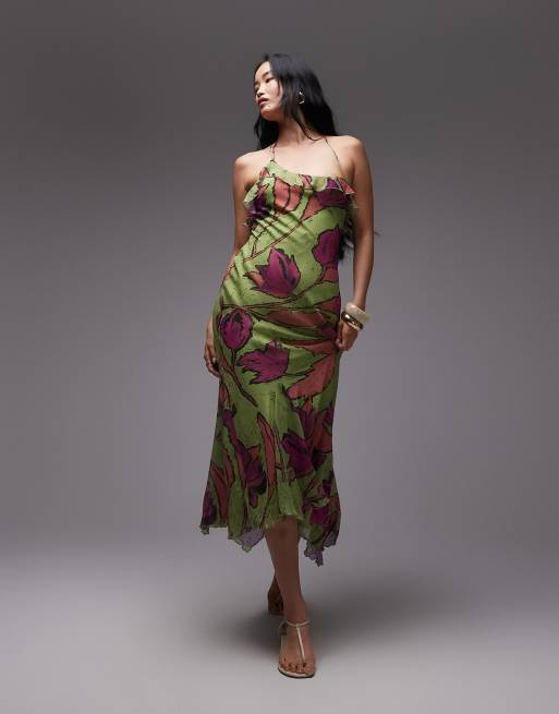 Vestido para eventos especiales midi rosa y verde con estampado floral y godets en el bajo de Topshop