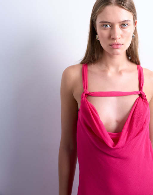 Vestido para ocasiones especiales midi rosa fucsia con escote pronunciado desbocado y detalles anudados de Topshop, 4 de 4