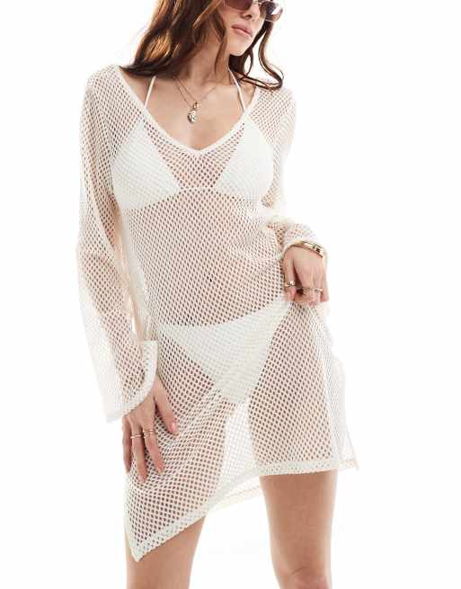 Vestido playero corto color crema de punto calado de Vila