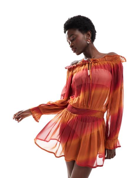 Vestido playero corto naranja de estilo boho con patrón degradado de Wednesday's Girl - view 1