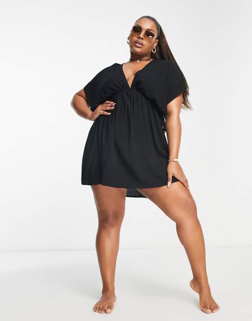 Vestido playero corto negro con mangas fluidas y detalle de cordón en la cintura de ASOS DESIGN Curve 
