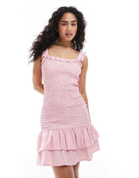 Vestido playero corto rosa y blanco a rayas fruncido exclusivo de Esmee - view 1
