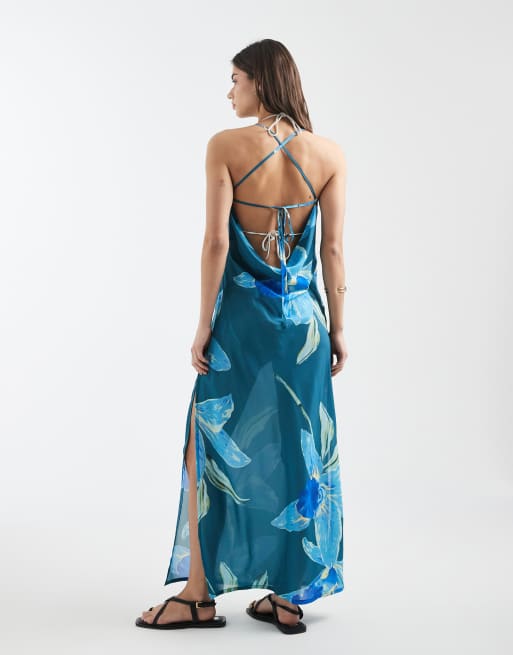 Vestido playero largo azul con estampado floral de tejido transparente de Aray, 4 de 4