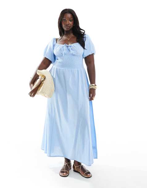 Vestido playero largo azul con lazada delantera y mangas abullonadas exclusivo de Esmée Curve - view 1