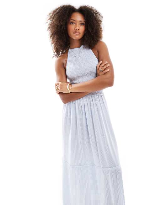 Vestido playero largo azul y blanco a rayas con cuello halter