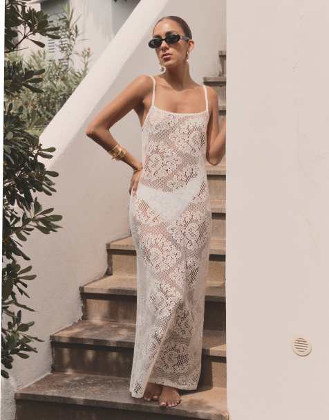 Vestido playero largo blanco hueso de croché Agnes de 4th & Reckless x Luana Barron - view 1