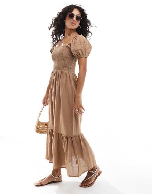 Vestido playero largo marrón con mangas abullonadas exclusivo de Esmée