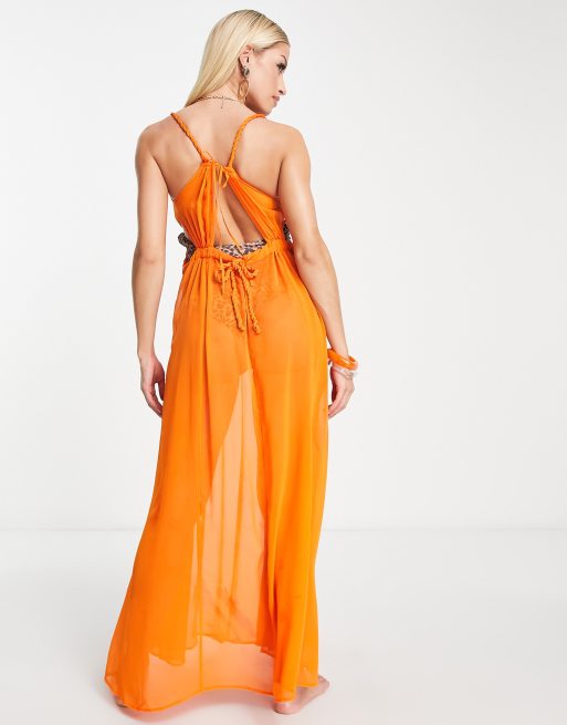Vestido playero largo naranja escotado y transparente con detalle de cordón de ASOS DESIGN Maternity, 2 de 4