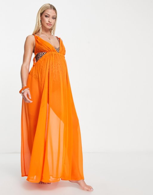 Vestido playero largo naranja escotado y transparente con detalle de cordón de ASOS DESIGN Maternity, 4 de 4