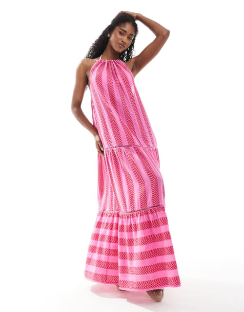 Vestido playero largo rosa y rojo con cuello halter y patrón texturizado de Accesorize - view 1