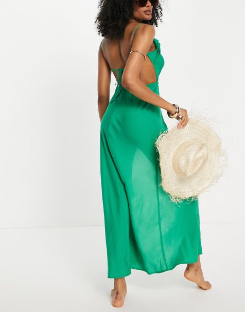 Vestido playero largo verde esmeralda con espalda escotada y detalle drapeado de ASOS DESIGN - view 1