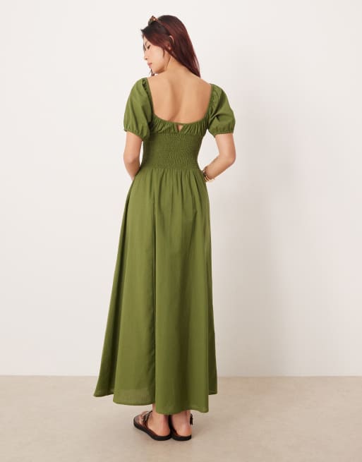 Vestido playero largo verde oliva con mangas abullonadas y lazada delantera de Esmee, 4 de 4