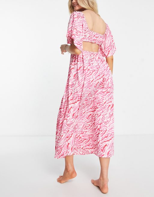 Vestido playero semilargo rosa con estampado de cebra y mangas fluidas de ASOS DESIGN, 2 de 4