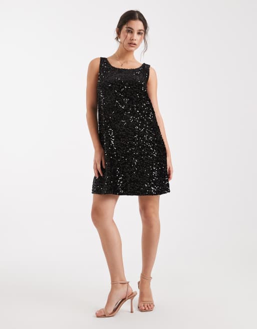 Vestido recto corto negro de lentejuelas de PIECES