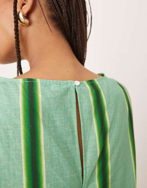 Vestido recto corto verde a rayas con cuello barco de lino y algodón de ASOS DESIGN, 2 de 4