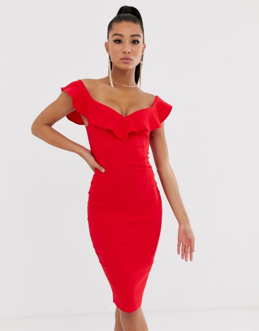 Vestido rojo ajustado con forma de y volante de Vesper | ASOS