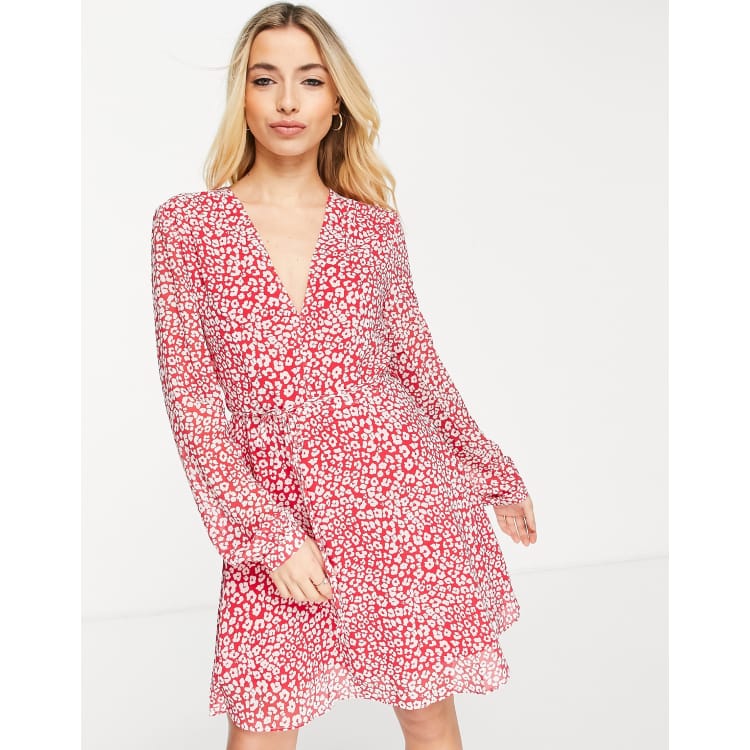 oferta carta Arqueología Vestido rojo con cuello de pico, estampado de leopardo rosa y lazada en la  cintura de Glamorous | ASOS