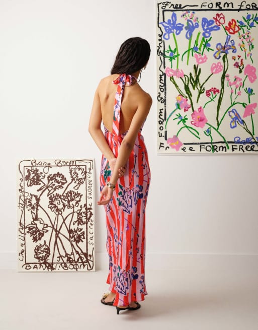 Vestido rosa y rojo a rayas con cuello halter de satén de Topshop, 2 de 4