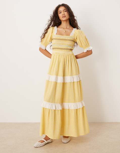 Vestido semilargo a cuadros vichy amarillos con mangas abullonadas de Neon Rose - view 1