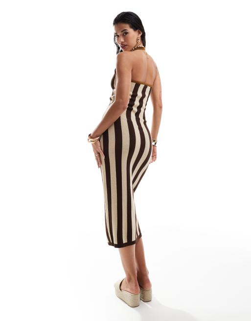 Vestido semilargo a rayas marrón chocolate verticales con ribetes en contraste de punto de ASOS DESIGN, 3 de 4