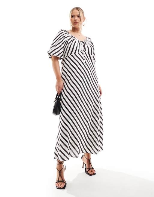 Vestido semilargo a rayas marrones y color crema con mangas abullonadas de Forever New Curve