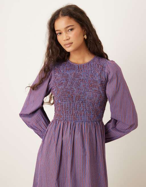 Vestido semilargo a rayas multicolor de manga larga con detalles fruncidos de Neon Rose, 2 de 4