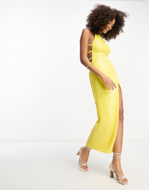 federación cerca Interprete Vestido semilargo amarillo con cuello de nadadora de lentejuelas de ASOS  DESIGN | ASOS