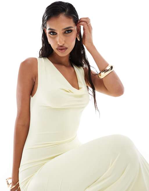 Vestido semilargo amarillo con cuello desbocado y espalda escotada de ASOS DESIGN, 3 de 4