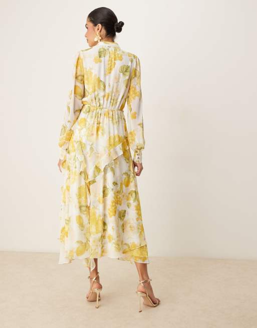 Vestido semilargo asimétrico con estampado de limones y volantes de Forever New, 3 de 4