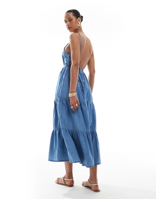 Vestido semilargo azul cambray escalonado de tirantes con espalda descubierta de ONLY, 3 de 4