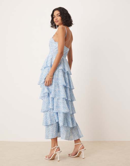 Vestido semilargo azul con estampado abstracto y volante de Pretty Lavish, 4 de 4
