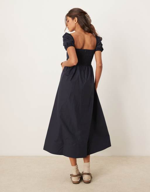 Vestido semilargo azul marino con mangas abullonadas y cuello cuadrado de Glamorous, 3 de 4
