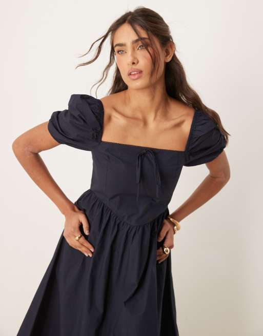 Vestido semilargo azul marino con mangas abullonadas y cuello cuadrado de Glamorous, 4 de 4