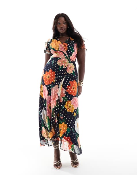 Vestido semilargo azul marino cruzado con estampado floral, mangas de volantes y lazada en la cintura de Hope & Ivy Plus - view 1