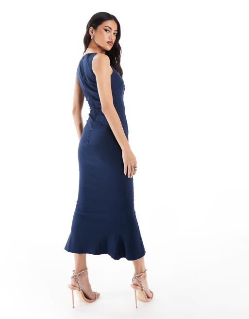 Vestido semilargo azul marino de corte sirena con cuello cuadrado de bengalina de Vesper, 2 de 4