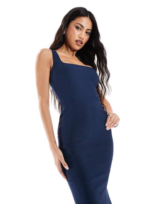 Vestido semilargo azul marino de corte sirena con cuello cuadrado de bengalina de Vesper, 4 de 4