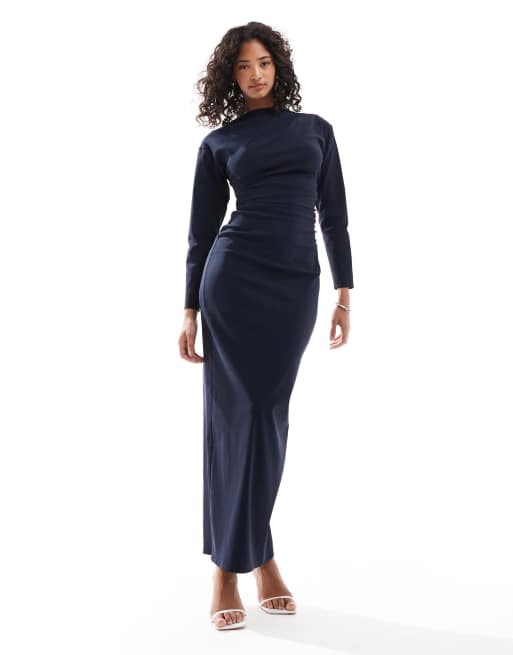 Vestido semilargo azul marino estructurado de bengalina de TFNC