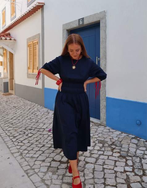 Vestido semilargo azul marino fruncido de Labelrail x Rebecca Olivia - view 1