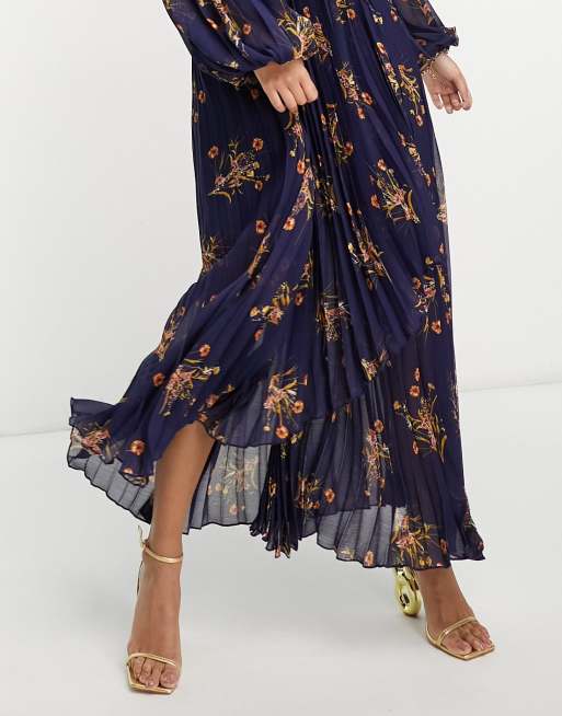 Vestido semilargo azul marino plisado con estampado floral y mangas globo de Style Cheat, 2 de 4