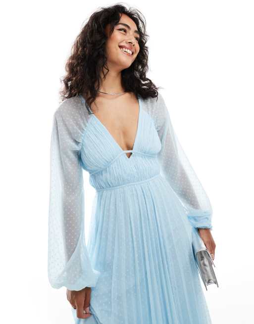 Vestido semilargo azul pastel plisado y escotado de manga larga de ASOS DESIGN, 4 de 4