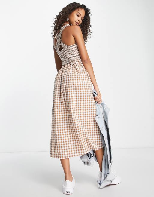 Vestido semilargo beis a cuadros vichy con tirantes cruzados de sirsaca de Influence, 2 de 4