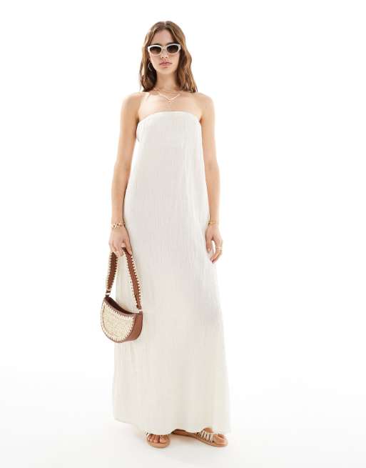 Vestido semilargo beis con escote palabra de honor de mezcla de lino de Pretty Lavish