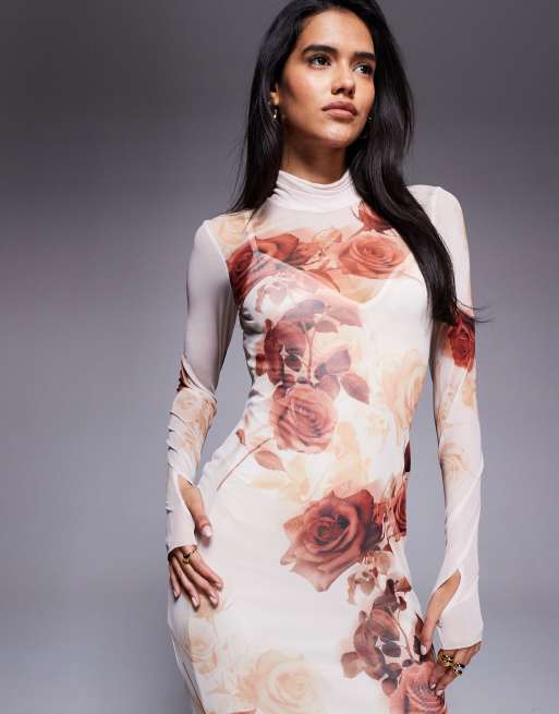 Vestido semilargo beis de manga larga con estampado de rosas y cuello vuelto de malla de AFRM, 3 de 4