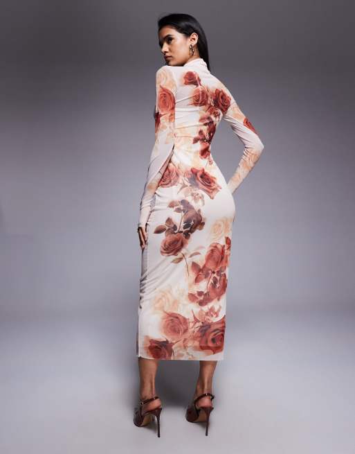 Vestido semilargo beis de manga larga con estampado de rosas y cuello vuelto de malla de AFRM, 4 de 4